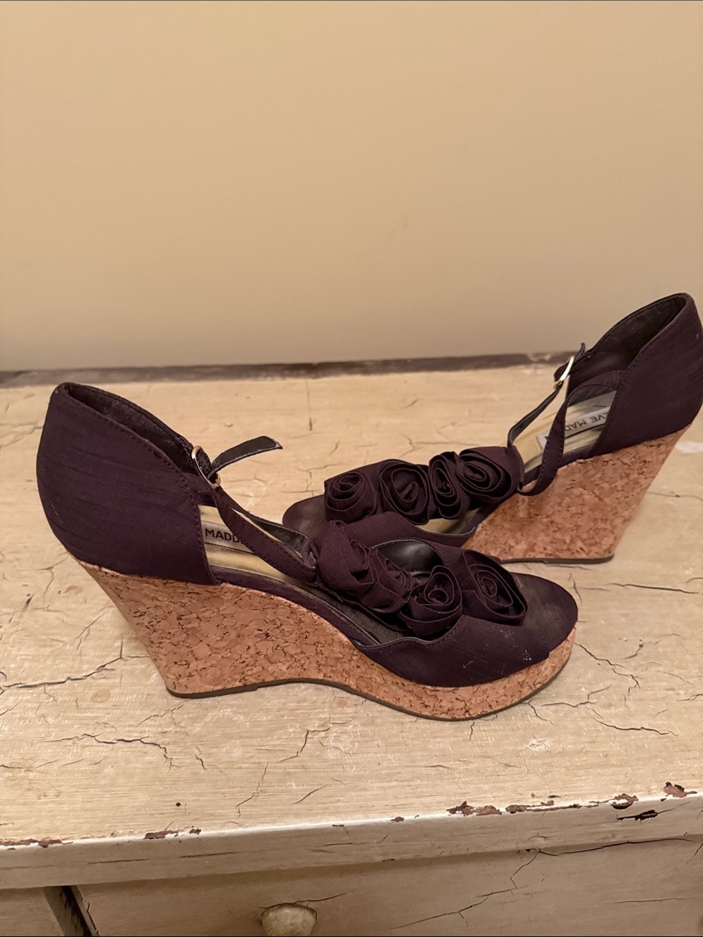 Steve Madden Dark Purple Rosette Cork Wedges